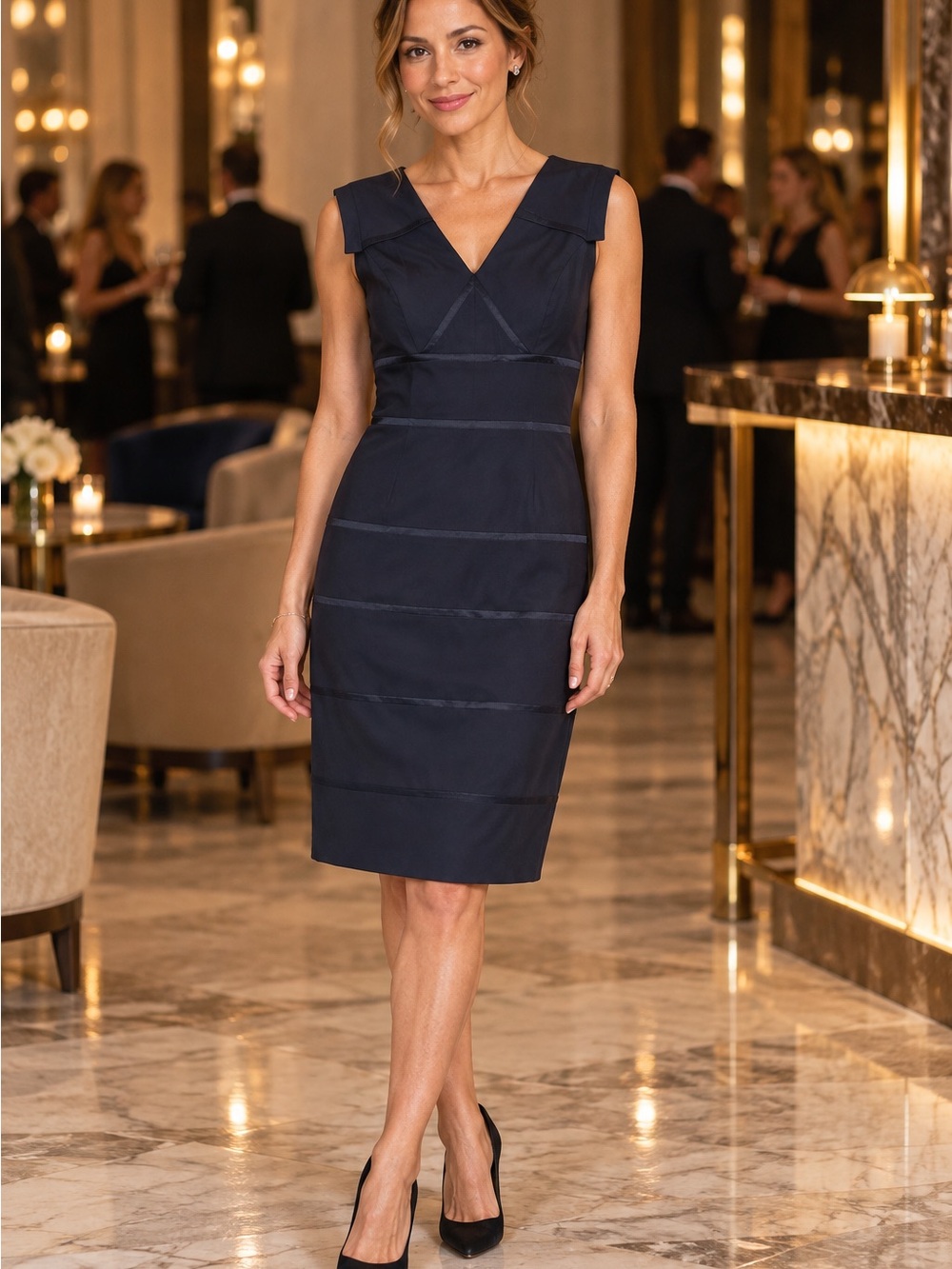 Adrianna Papell Black Sheath Dress Size 6P Petite Satin Trim Cocktail